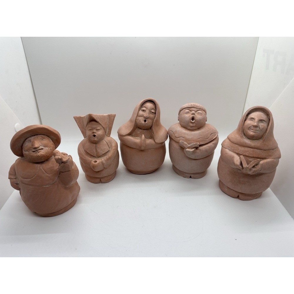 Vintage Clay Chanting Monk Figurines Set of‎ 5 Handmade Terracotta Folk Art